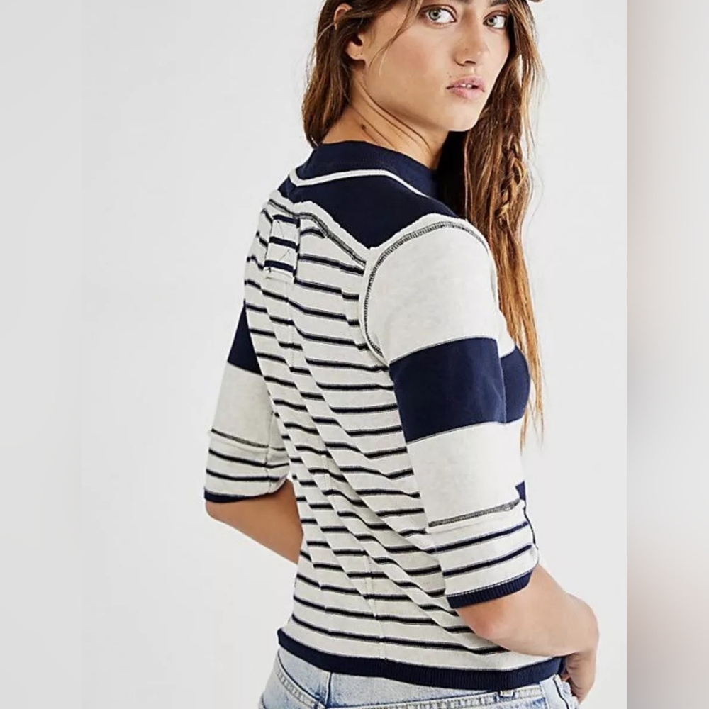 We The Free Raleigh Tee Sweater Navy Striped Crewneck Top